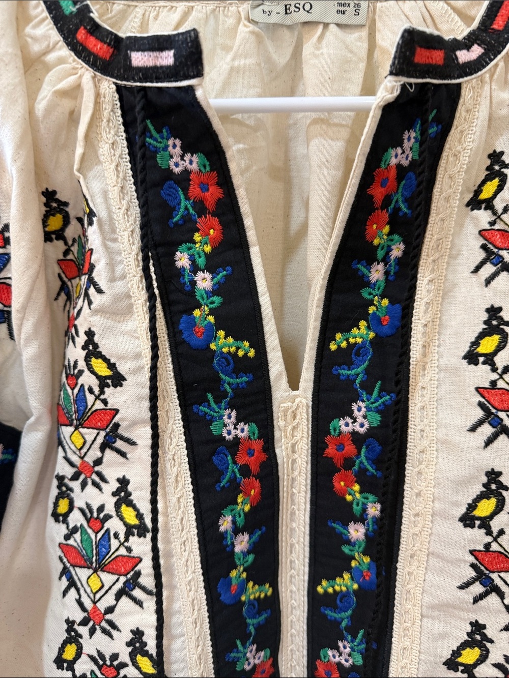 Embroidered Boho Peasant Blouse - Cream with Multicolor Accents - Picture 3 of 6